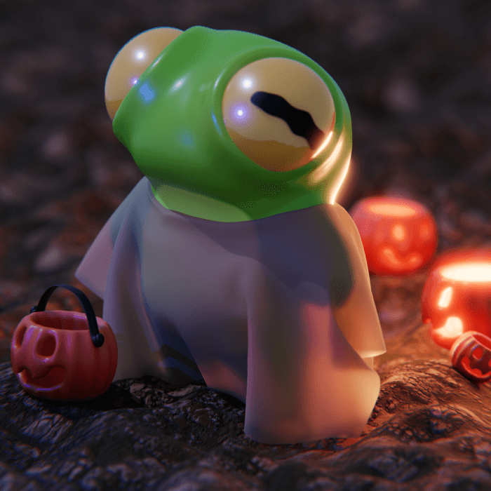 A frog trick-or-treating in a bedsheet ghost costume among glowing jack-o-lanterns