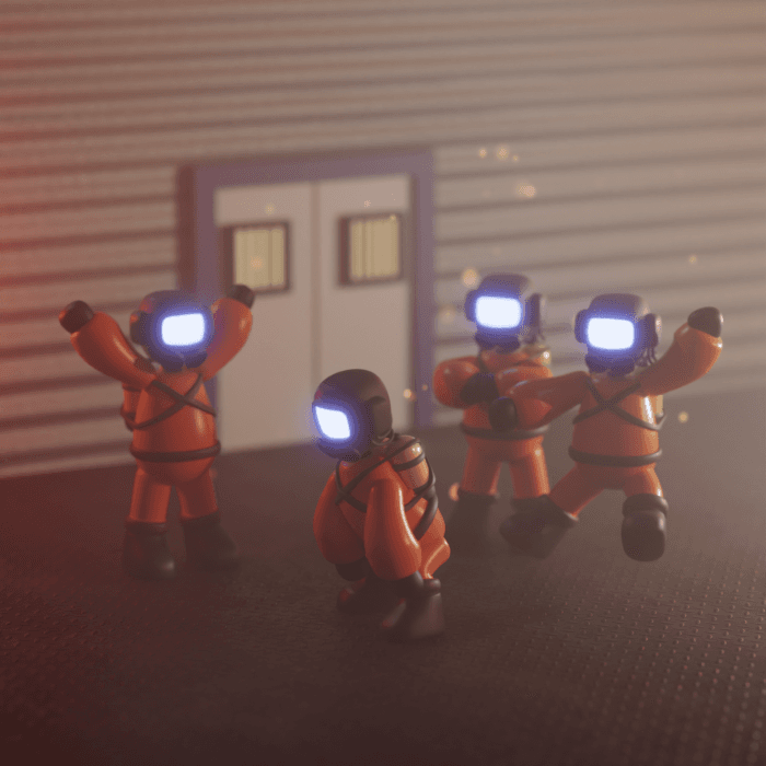 A squad of visor-lit robots breaking for the warehouse door under red light (Lethal Company fan art)