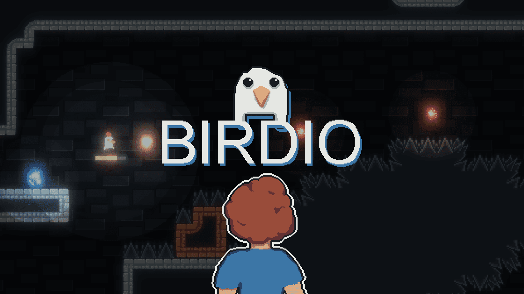 Birdio title screen: a white bird crest over a small hero facing a torch-lit dungeon