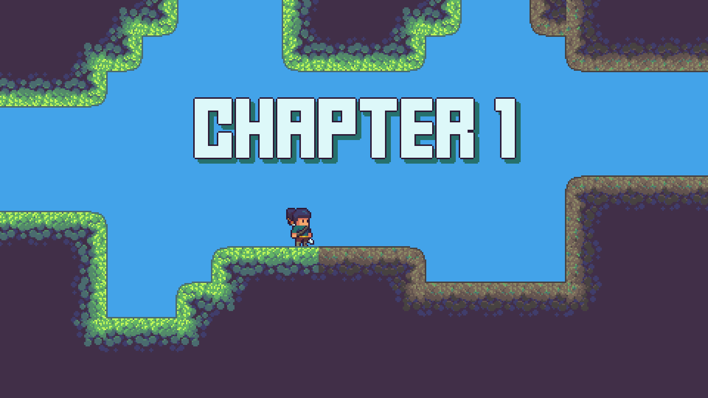 A pixel chapter card — a small swordsman on a mossy cliff over bright water, CHAPTER 1 lettered above