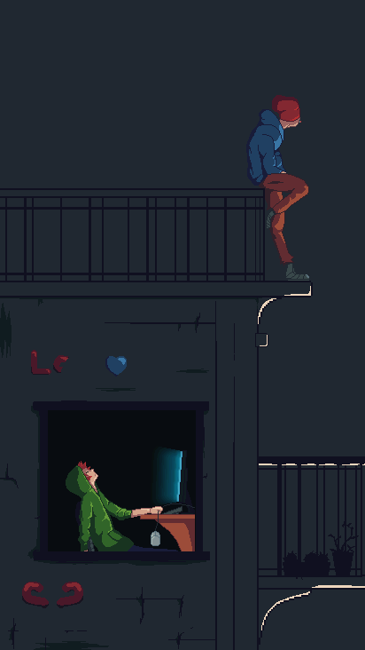 A night scene in blues: someone sits at a lit computer inside while another figure sits alone on the roof above