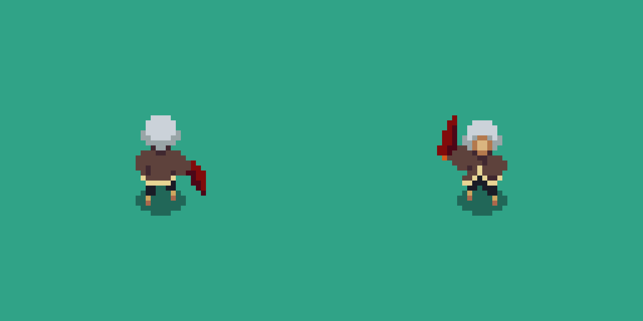 A white-haired fighter swinging a red blade, shown twice mid-swing