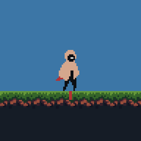A hooded figure swinging a short red blade on a strip of grass against a blue sky