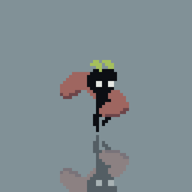 A dark green-haired creature swiping both arms to the side, mirrored below