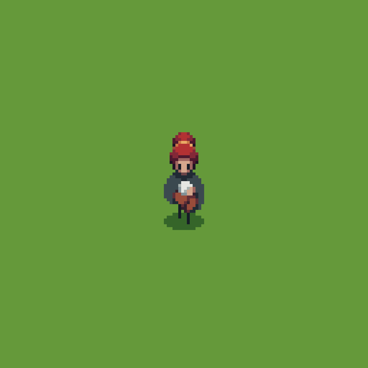 A red-hooded character walking, then breaking into a run