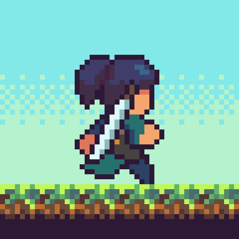A hero running flat out across grass with a sword on their back, under a pale sky