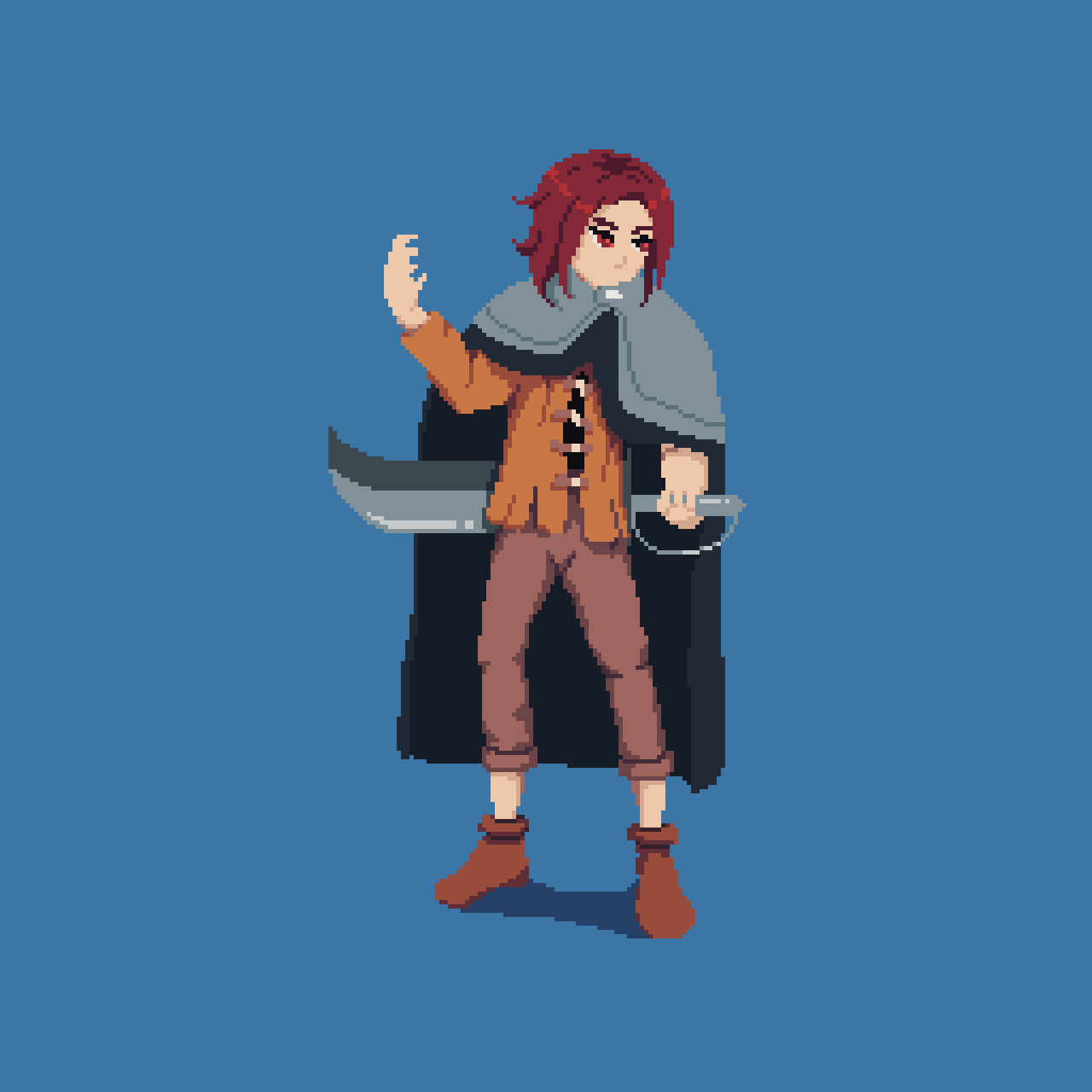 A red-haired swordfighter in a grey cape and orange coat, blade drawn