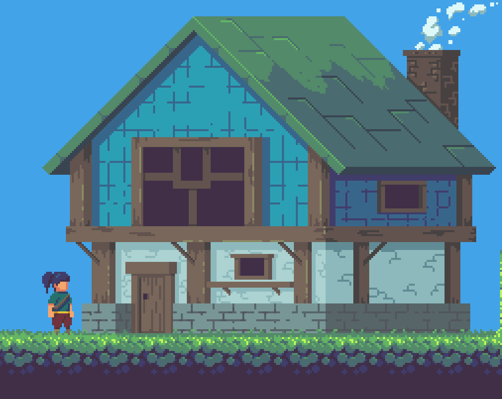 A timber and stone house under a mossy roof, smoke off the chimney, a small hero standing outside