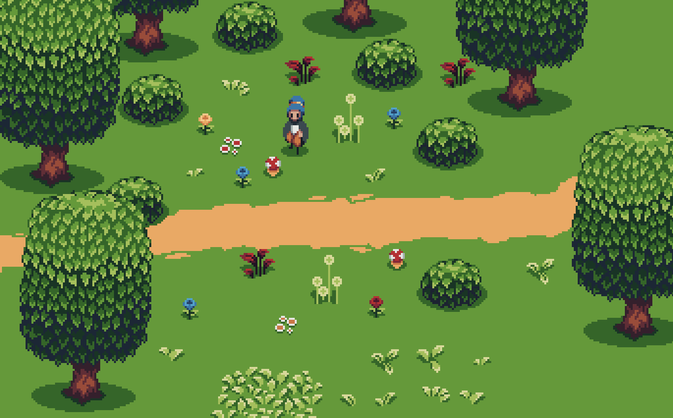 A top-down forest of round dense trees, wildflowers and a dirt path crossing the grass